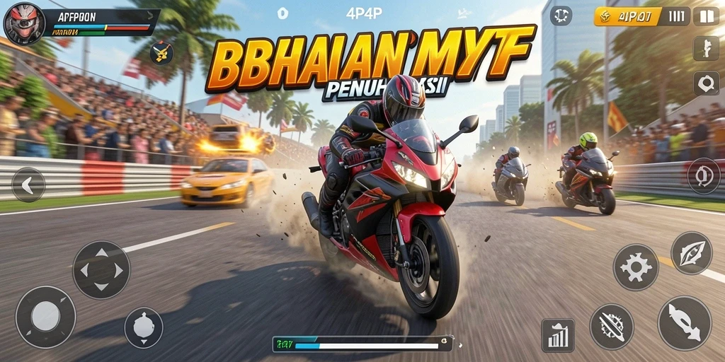 Tangkapan layar gameplay 4P4P menampilkan aksi balap motor yang intens.