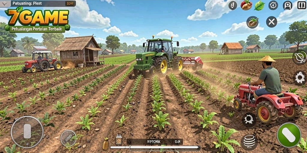 Tampilan gameplay 7GAME dengan beragam aktivitas bertani.