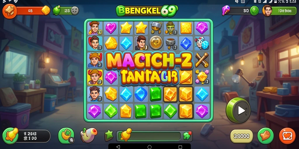 Tampilan menyenangkan dari gameplay Match-3 BENGKEL69.