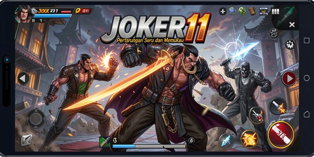 Screenshot utama JOKER11 menampilkan aksi pertarungan yang mendebarkan.