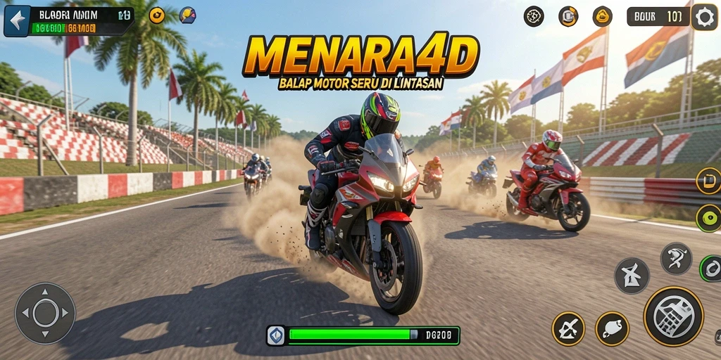 Tampilan gameplay MENARA4D dengan balapan motor yang mendebarkan.