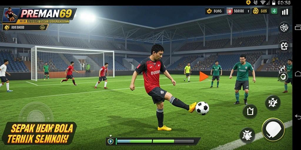 Tampilan gameplay seru di lapangan sepak bola PREMAN69.