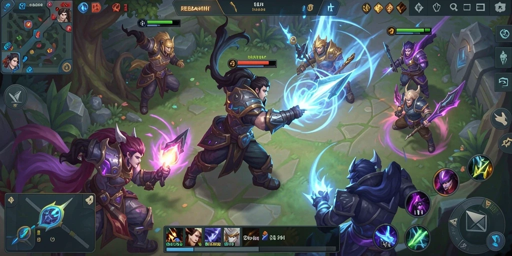 Screenshot gameplay REBAHIN menampilkan aksi pertempuran intens di arena MOBA.