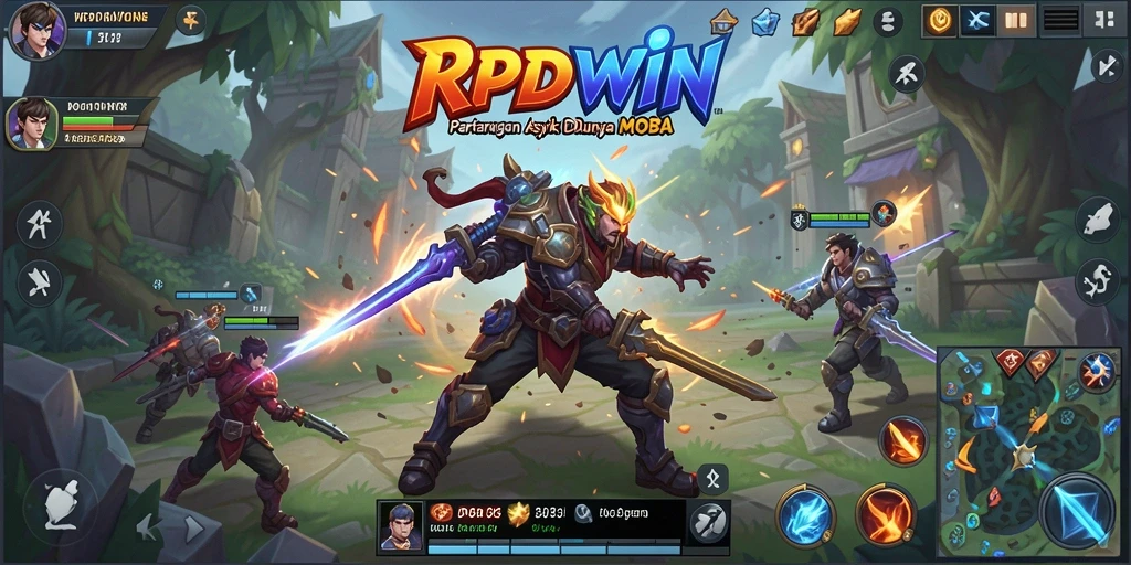 Screenshot gameplay RPIDWIN yang menampilkan pertarungan seru di arena MOBA.