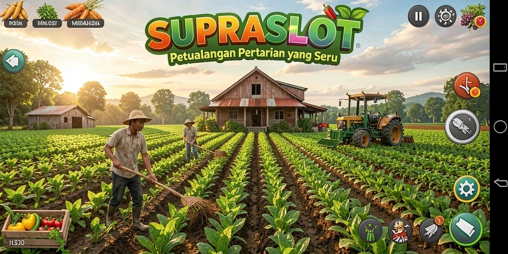 Tangkapan layar gameplay SUPRASLOT yang menampilkan lahan pertanian yang subur.