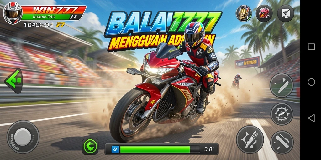 Tangkapan layar gameplay WIN777 menampilkan kecepatan balap motor yang mendebarkan.